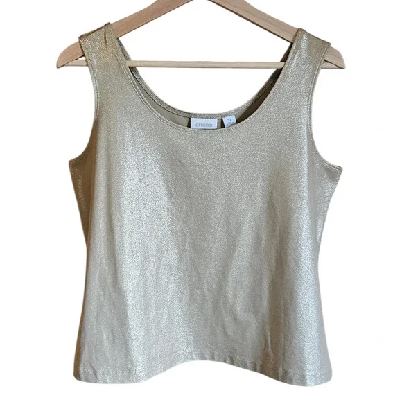 Chico’s Women’s Tank Top Metallic Shimmer Stretch Shell Gold Size 2 Large - Picture 1 of 5
